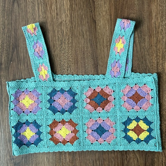 WITTY FOX Granny Square Crochet Crop Tank Top Boho Festival Indie Beach Y2K Sz S - Picture 7 of 12